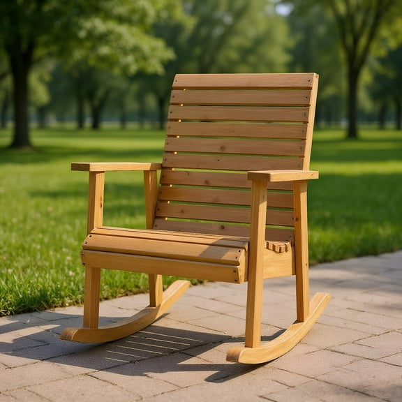 Resenkos Outdoor Fir Wood Rocking Chair with High Backrest, Outdoor Glider Rocking Chair Cushion Lawn, Outdoor Furniture for Porch,Backyard,Indoor and Garden, Natural