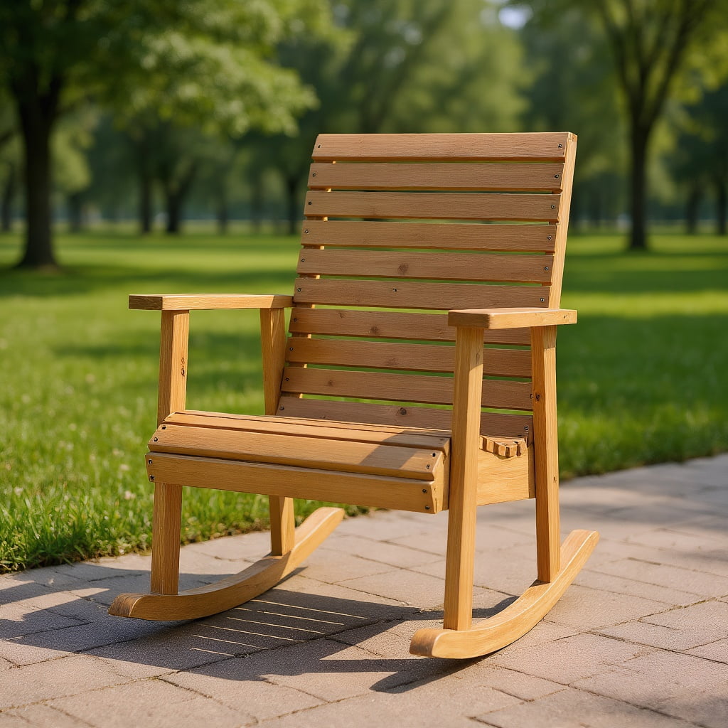 Resenkos Outdoor Fir Wood Rocking Chair with High Backrest, Outdoor Glider Rocking Chair Cushion Lawn, Outdoor Furniture for Porch,Backyard,Indoor and Garden, Natural