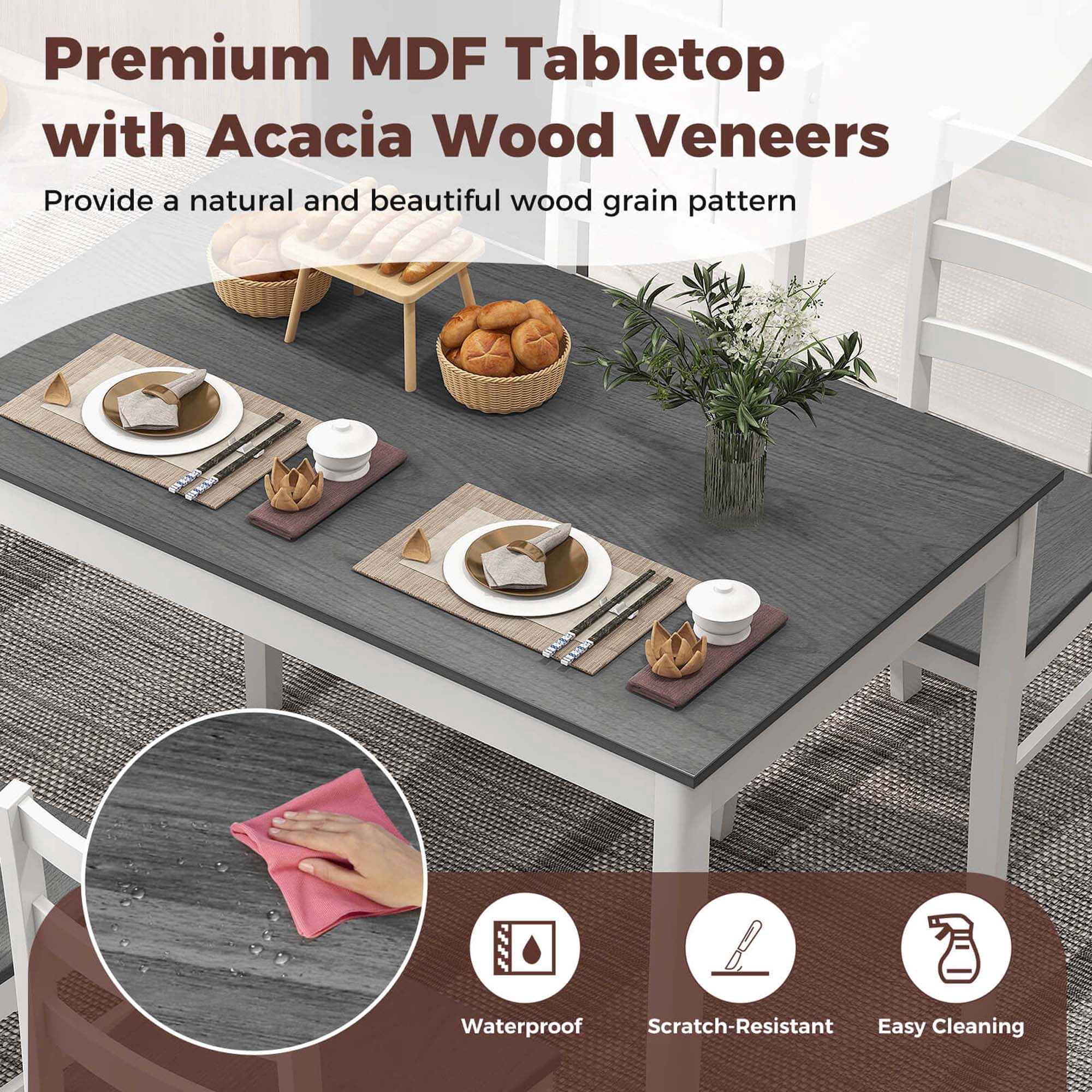 Costway 5-Piece Dining Set Solid Wood Kitchen Furniture with Rectangular Table & 4 Chairs Grey