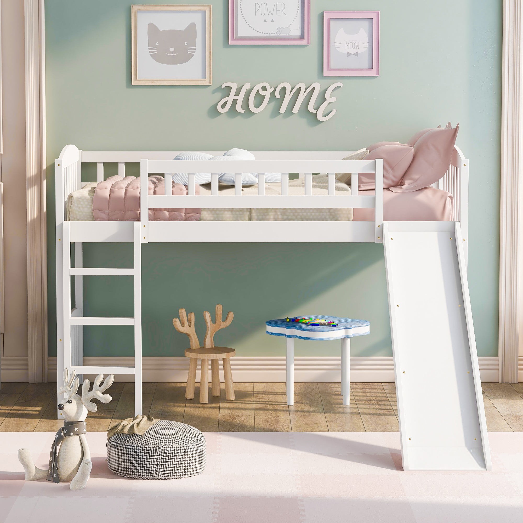 Aukfa Solid Wood Loft Bed with Slide for Kids Girls Boys, Twin Size, White