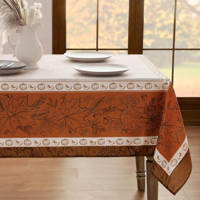 Fall Rectangle Tablecloth 60 x 102 Inch, Thanksgiving Autumn Harvest Maple Table Cloth, Stain Resistant Washable Table Cover for Dining, Party, Holiday Decor - Orange and Beige