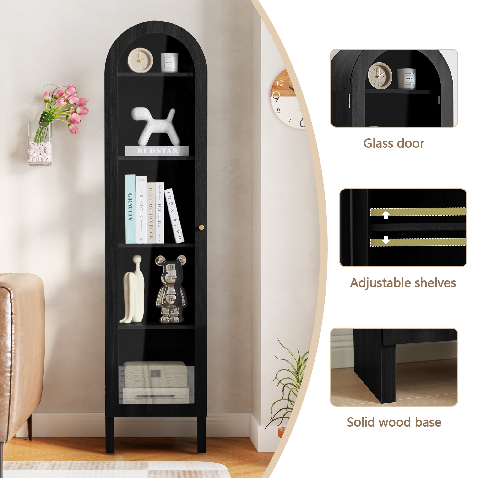 YOCWO Narrow Arched Bookcases with 5 Adjustable Shelves, Wooden Bookshelf wih Glass Door for Living Room Office, Black