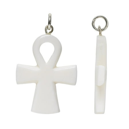 

1 pc-Focal bone (bleached) and silver-finished steel white 30x24mm ankh Mohs hardness 2-1/2. Sold per pkg of 6.