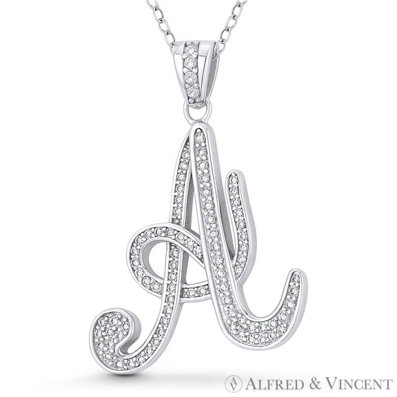 Initial Letter "A" Cursive Script Cubic Zirconia CZ Crystal Pendant in .925 Sterling Silver w/ Rhodium