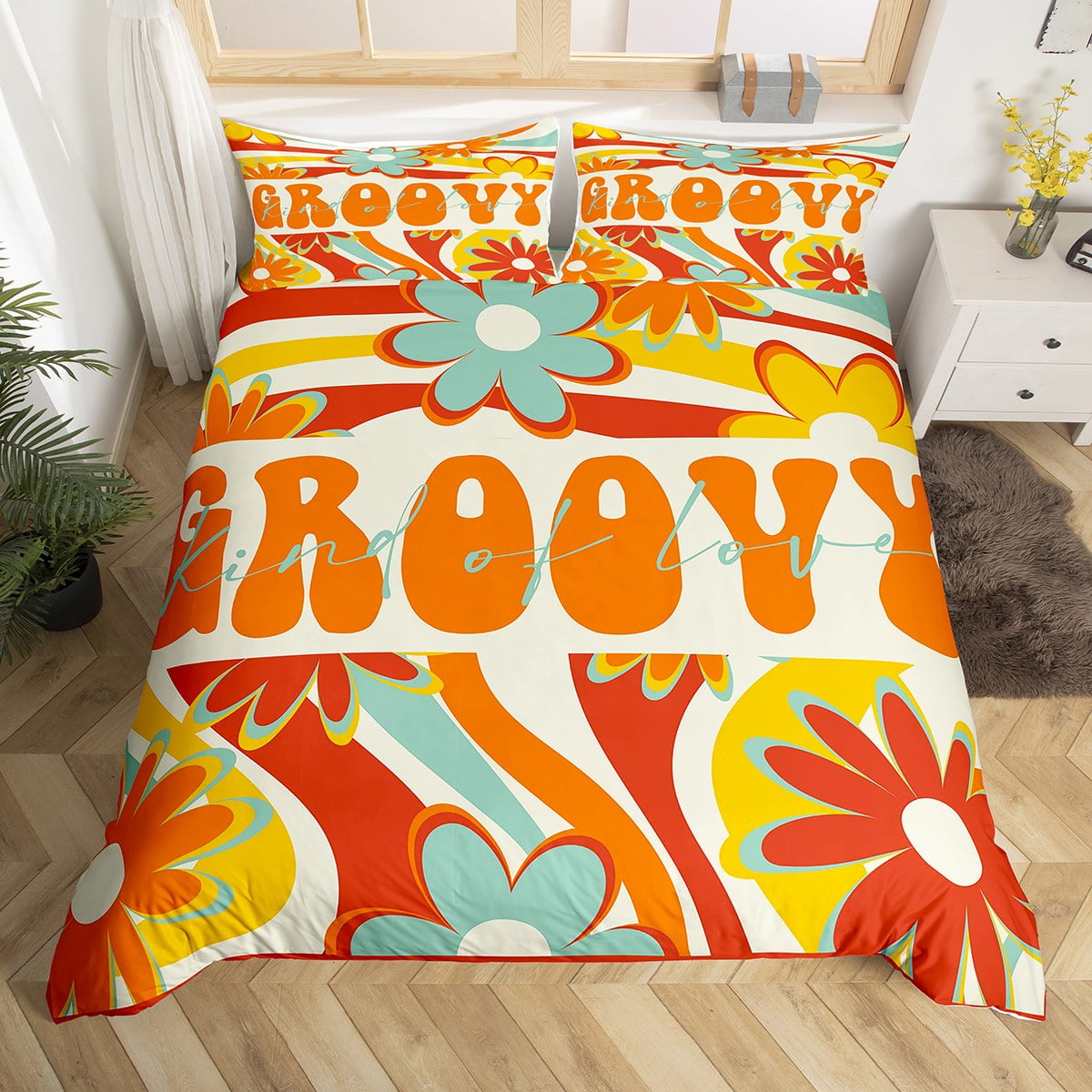 YST Groovy Flower Duvet Cover Full,Vintage Orange Graffiti Flowers
