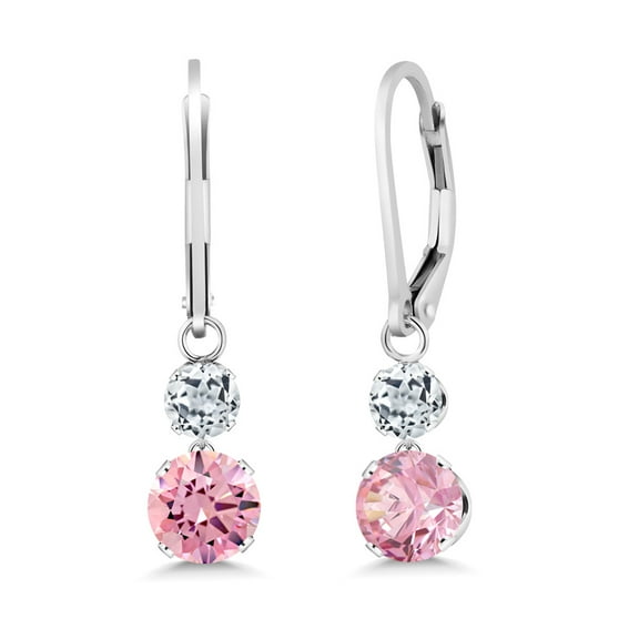 Gem Stone King 925 Sterling Silver Pink Zirconia and White Topaz Drop Dangle Earrings for Women (3.66 Cttw, Gemstone Birthstone, Round 6MM and 4MM)