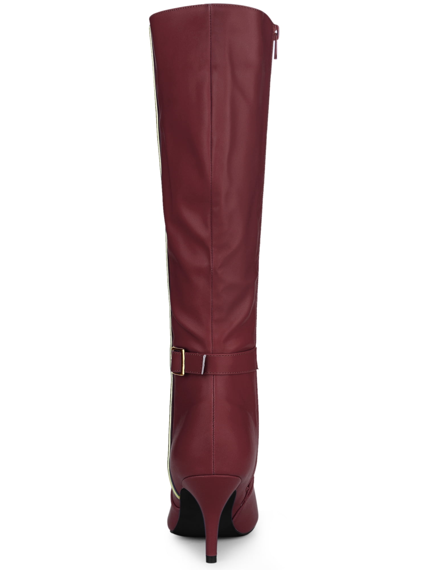 DARING DIVA Women's Pointy Toe Buckle Stiletto Heel Black Knee High Boots Burgundy 10