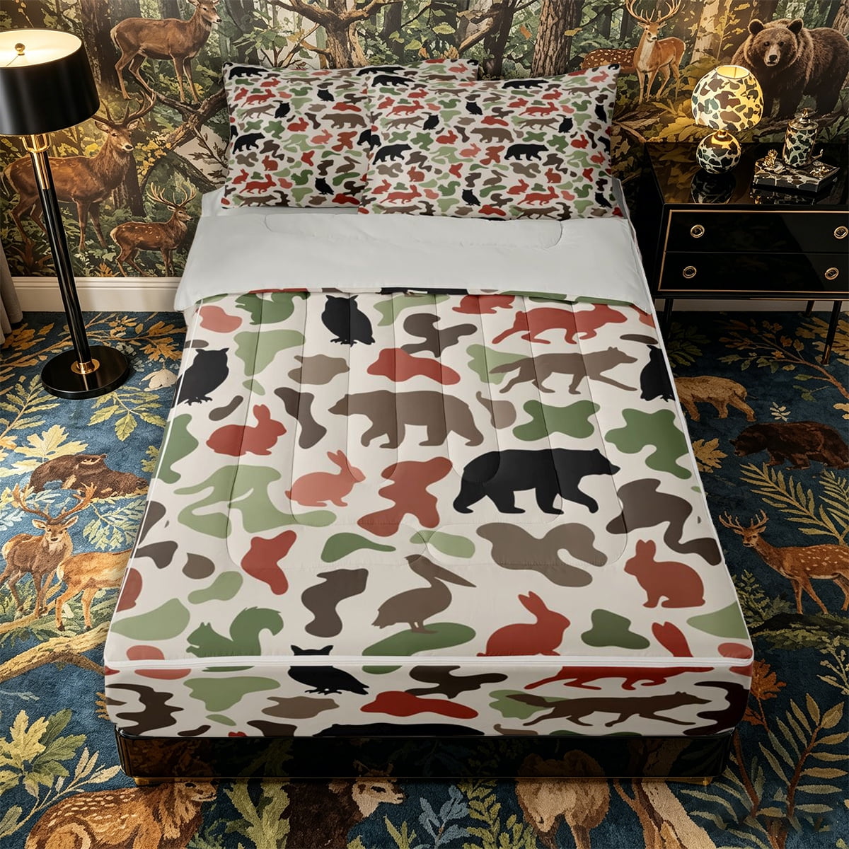 Castle Fairy Camo Woodland Animal Zipper Twin Comforter Sets with Fitted Sheet and 2 Pillowcases Wildlife Bear Wolf Owl Rabbit Zipper Bedding Set Khaki Green Red Grey Reversible 4-Piece