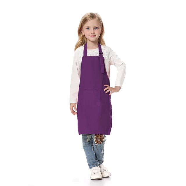 TOPTIE Kids Aprons with Pocket & Adjustable Strap, Child Chef Bib Apron for Kitchen Cooking Baking Painting-Purple-S