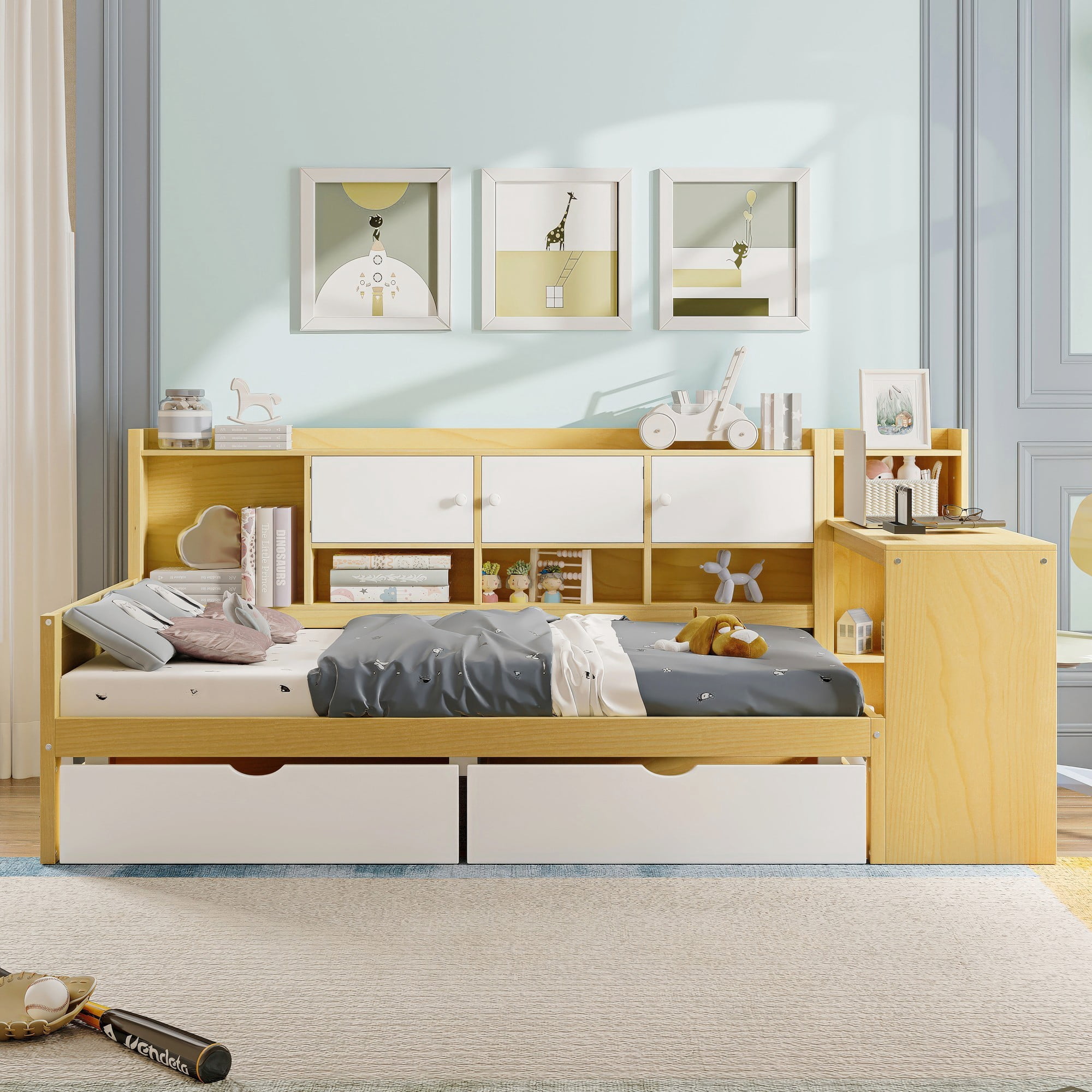 Leumius Wooden Twin Size Corner Bed Frame with Seven Storage Cabinets and Two Storage Drawers,Multi-functional Daybed with Study Desk and Built-in Bookshelf, Natural+White