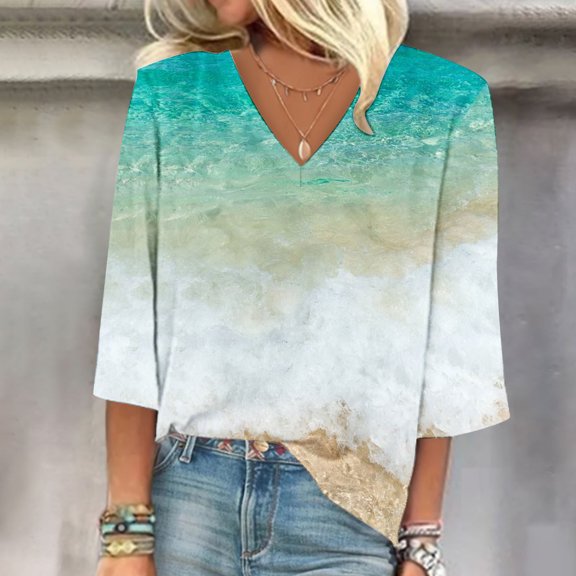 AOOCHASLIY Women's Blouse Women Fashion V-Neck Three Quarter Sleeve T Shirt Fall Tops Sweatshirt