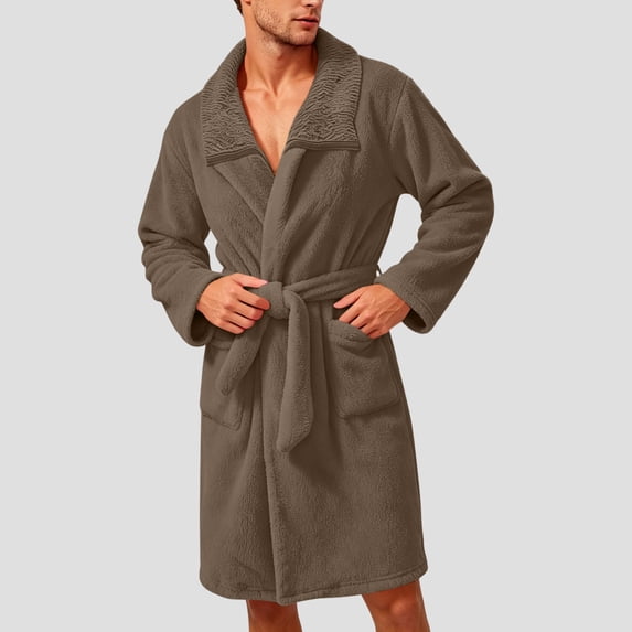 LIaqionyy Mens Plush Fleece Robe Collared Bathrobe Fuzzy Soft Comfortable Warm Fall Winter Clothes with Pockets