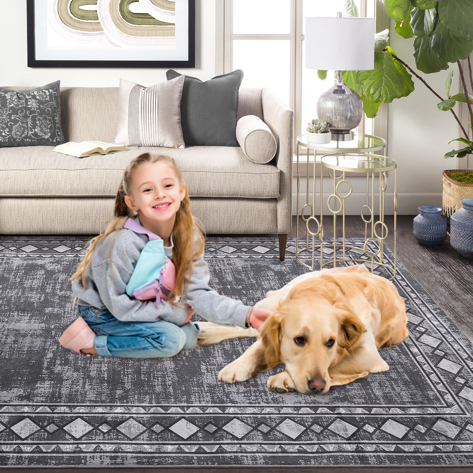 GlowSol 8'x10' Modern Bordered Area Rug Machine Washable Rug Geometric Border Non-Slip Low Pile Accent Rug Foldable Thin Carpet, Gray