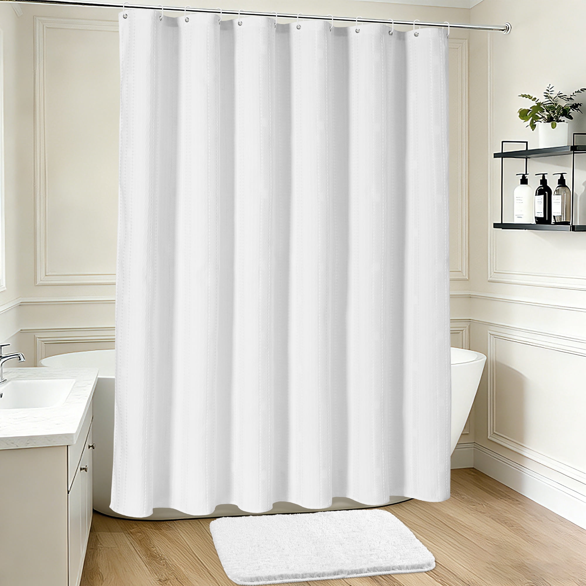 FRAMICS Waffle Shower Curtain Sets with Non-Slip Rug & 12 Hooks, Luxury Heavy Duty Waterproof Fabric Bathroom Sets, 72" x 72", White