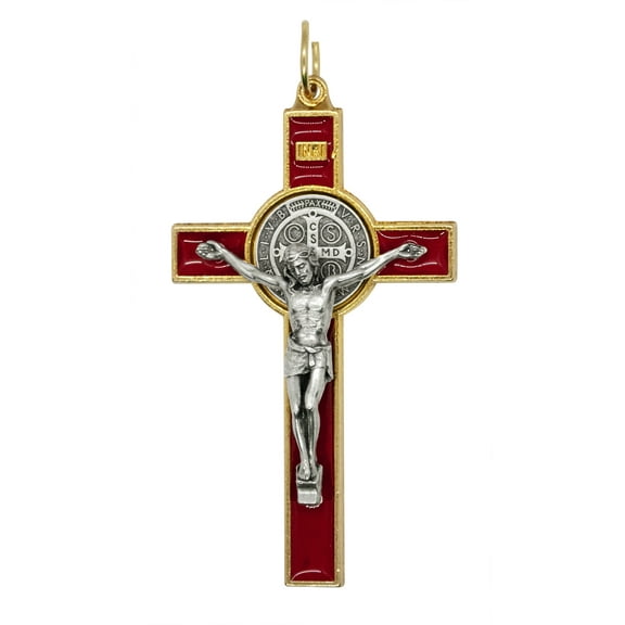 3" Gold-Tone St. Benedict Crucifix Pendant with Red Enamel Inlays