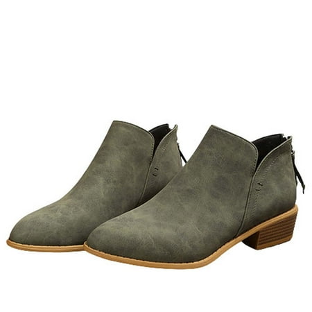 hopeusnice Women s Ankle Boots Side Zipper Pointed Toe Low Heel PU Leather Slip On Short Boots Fall Winter Shoes Army Green 37