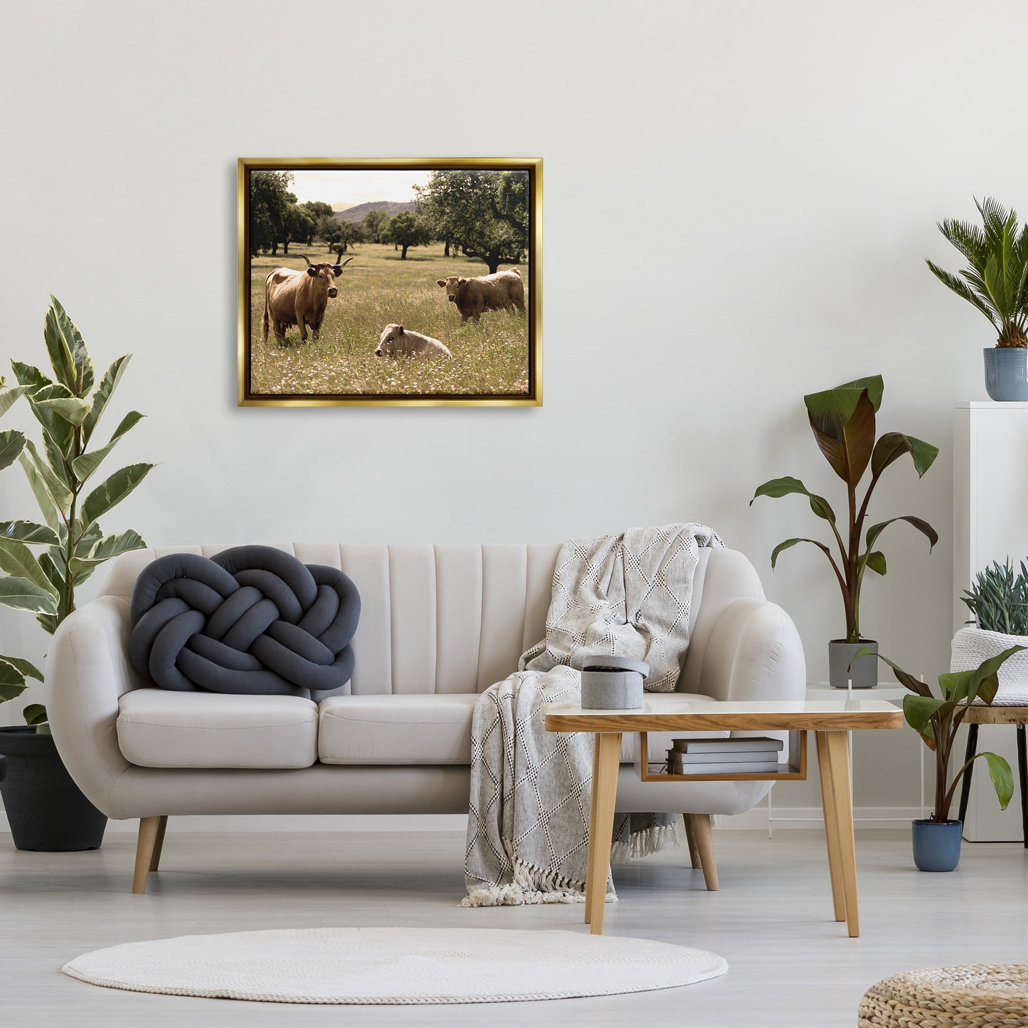 Stupell Industries Three Cattle Relaxing Grassland Pasture Rural Farm Trees Photograph Metallic Gold Floating Framed Canvas Print Wall Art, Design by Daphne Polselli