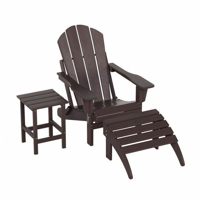 WestinTrends Malibu Outdoor Lounge Chairs, 3-Pieces Adirondack Chair Set with Ottoman and Side Table, All Weather Poly Lumber Patio Lawn Folding Chair for Outside Pool Garden Backyard, Dark Brown