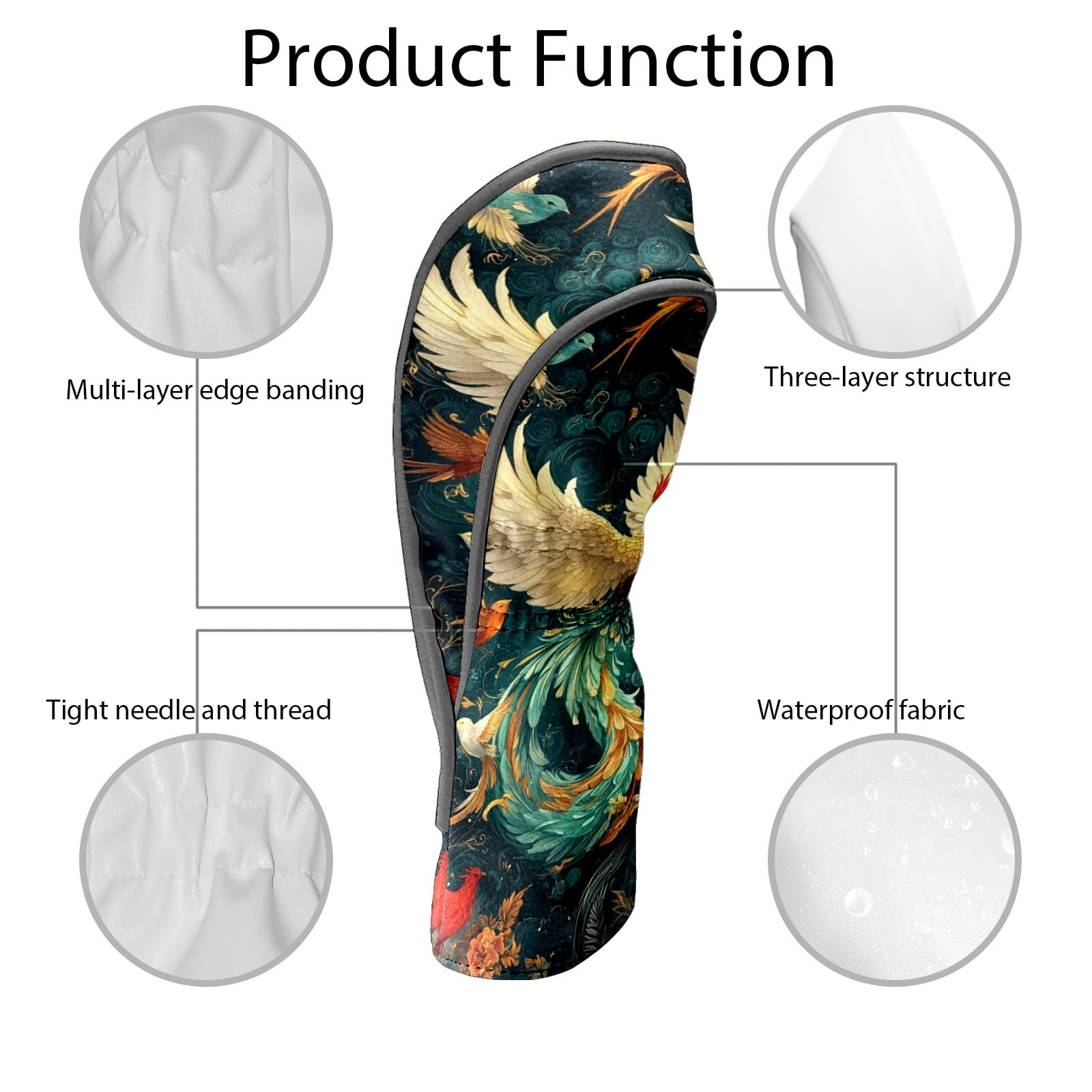 Golf Head Covers Colorful Phoenix Design for Driver, Wood & Hybrid, Premium Waterproof PU Leather with Plush Lining, Mythical Bird Golf Gifts
