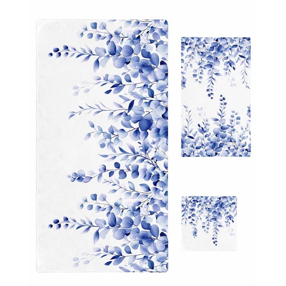 Blue Eucalyptus Bath Towels for Bathroom Set,Luxury Microfiber Towels Gifts for Women,Quick Dry Beach Kitchen Hand Hair Face Towel and Dish Washcloth,Botanical Plant Rustic Branch Yoga Towels Set