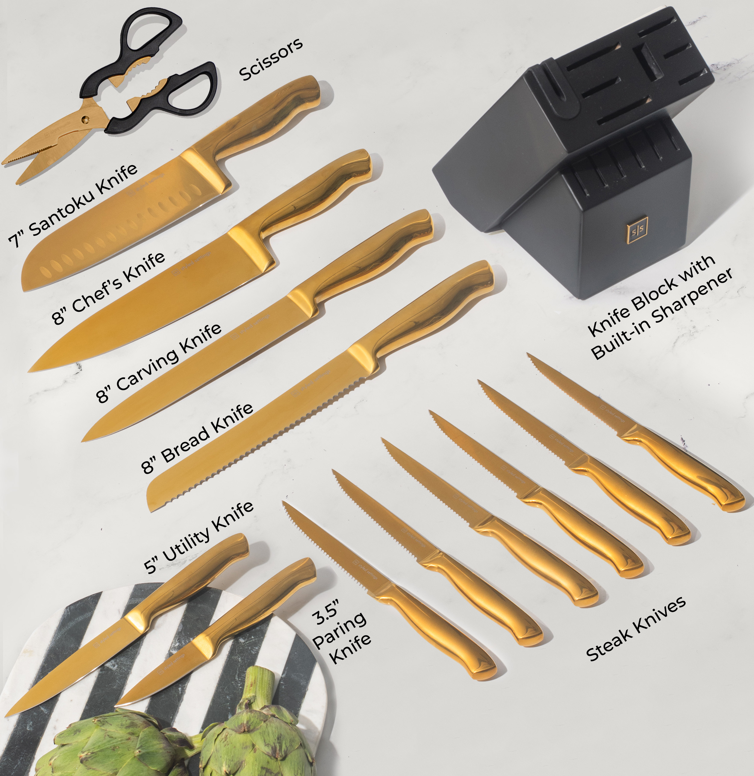 Black and Gold Knife Set with Block - 14 Piece Gold Knife Set with Sharpener Includes Full Tang Gold Knives and Self Sharpening Knife Block Set - Black and Gold Kitchen Accessories, Gold Kitchen Deco