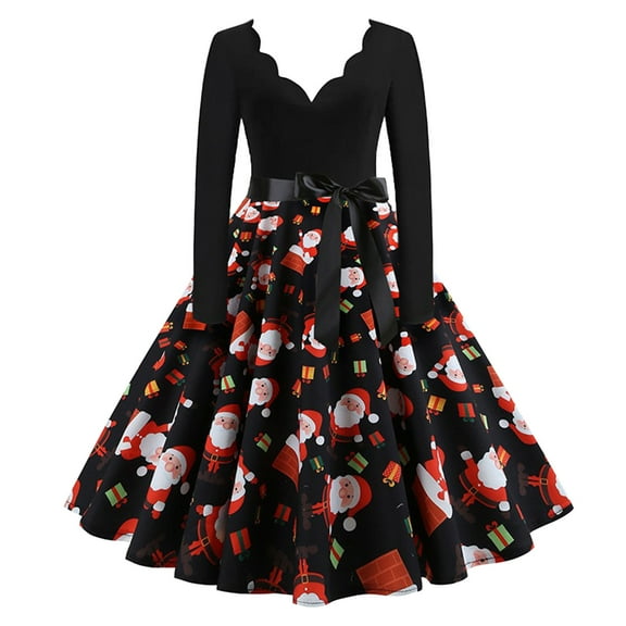 IROINNID Christmas Party Dresses for Women V-Neck Long Sleeve Cocktail Dress Funny Christmas Print Formal A-Line Dress,Black
