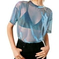 thumbnail image 2 of T Shirts for Women 2026 Summer Short Sleeve Metallic Shimmer Mesh See through Crewneck Tshirt Clubwear, 2 of 7