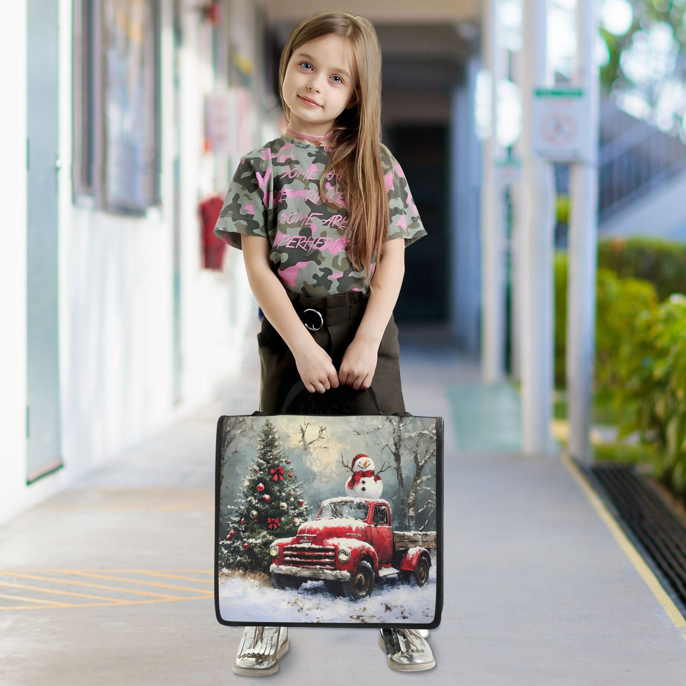 3 Ring Zipper Binder with Shoulder Strap Waterproof Trapper Keeper 2 Inch D-Ring 500 Sheets Capacity Christmas Tree Truck Snowman