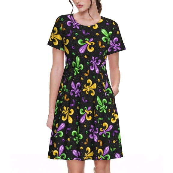Ratiio Mardi Gras Carnival4 Print Women's Short Sleeve Dress - Casual A-Line Dress with Side Pockets, Elastic Waist, Comfortable and Breathable Summer Dress