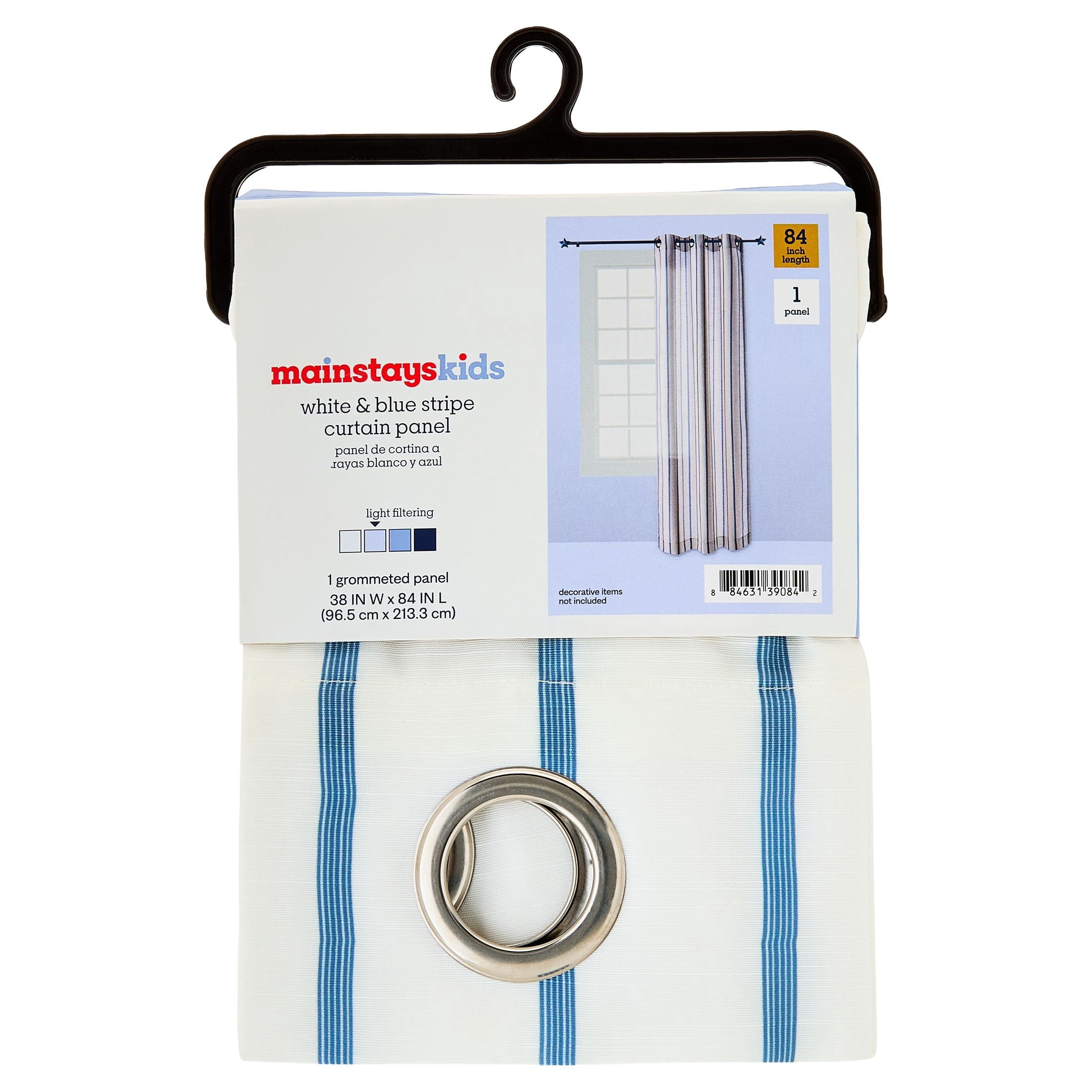 Mainstays Kids White and Blue Stripe Light-Filtering Grommet Single Curtain Panel, 38 in W x 84 in L