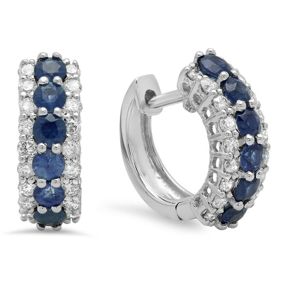 Dazzlingrock Collection 14K Round Blue Sapphire & White Diamond Ladies Huggies Hoop Earrings, White Gold
