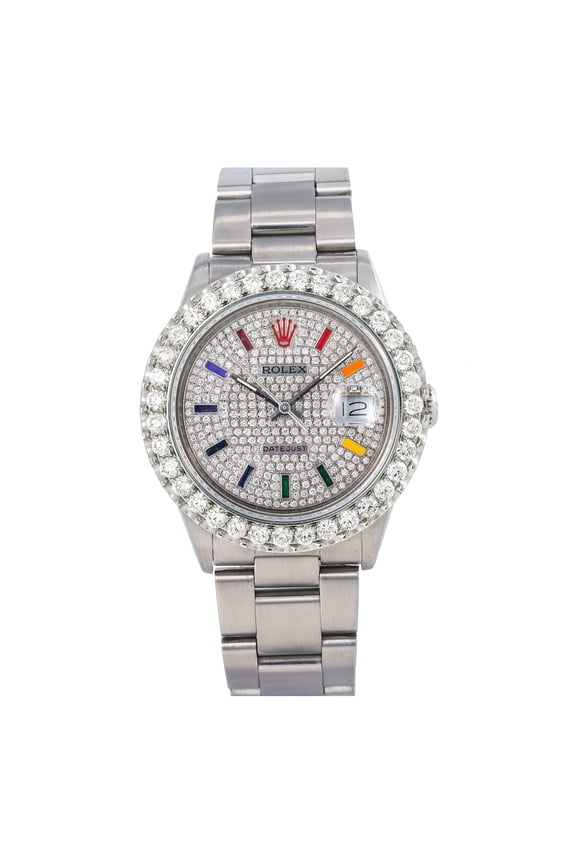 Pre-Owned Rolex Datejust 36MM 16200 Diamond Paved Rainbow Hour Dial Diamond Bezel Stainless Steel Oyster Bracelet