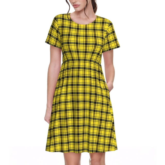 Fotbe Yellow Checkered Plaid Vestido Largo de Moda para Mujer, Vestido Tipo Camiseta con Manga Corta y Estilo Casual a Rayas y Bloques de Color