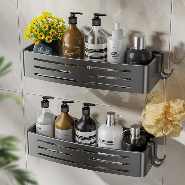 Juego de 2 estantes de ducha con ganchos sin perforaciones desmontables organizadores de baño gran capacidad impermeables resistentes al óxido gris