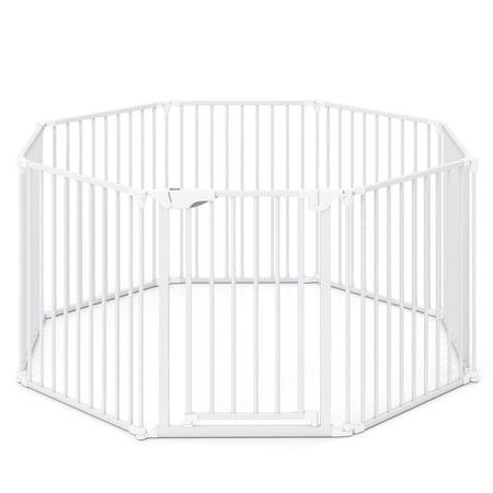 SUGIFT 8 Panel Extra Wide Pet Safety Gate Freestanding Metal Dog Gate with Door Auto Close Lockable Playpen and 270 Degree Hinges Foldable Expandable Fence for Doorways Stairs and Fireplace, White