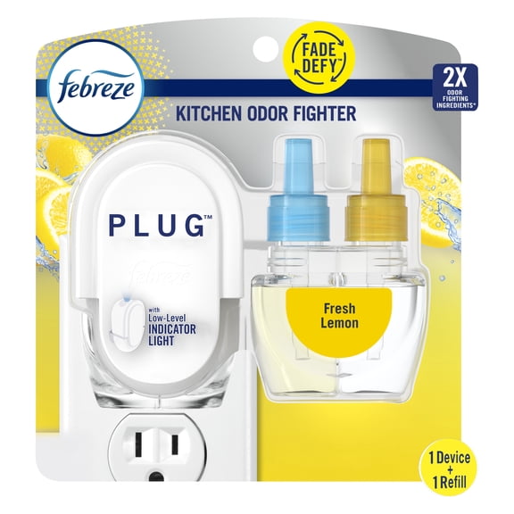 Febreze Plug In Air Freshener, Odor-Fighting Scented Oil Starter Kit, Lemon, Warmer   1 Refill