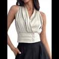 thumbnail image 2 of Blusas Plisadas Sin Mangas con Cuello en V para Mujer, Camisas Elegantes de Oficina. Albaricoque M, 2 of 9