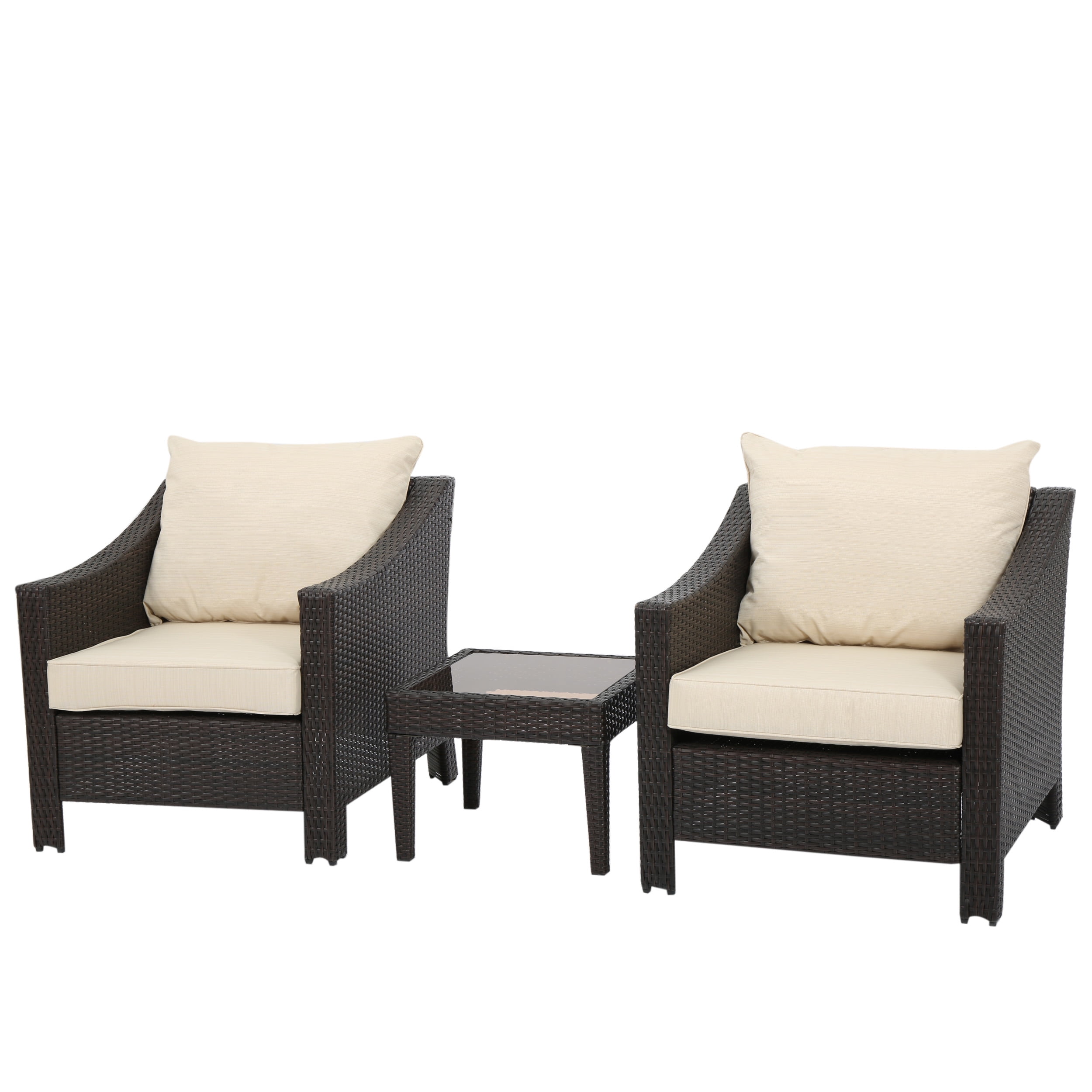 Manhattan 3 Piece Wicker Conversation Set with Cushions, Multi Brown by Noble House