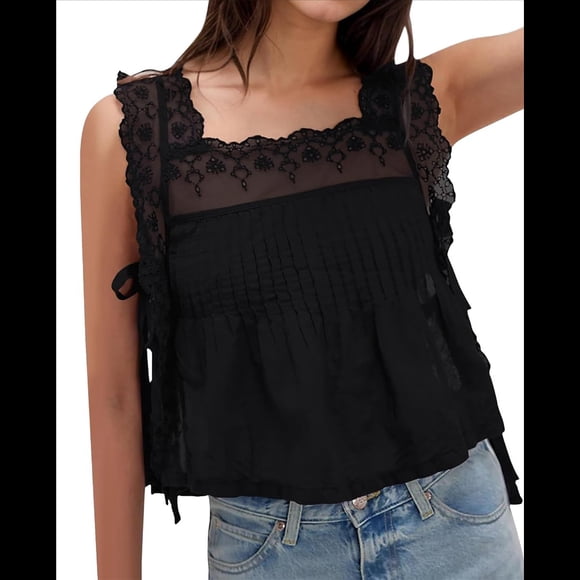 Women Lace Vest Tanks Y2K Sleeveless Split Side Tie Tank Top Sheer Ruffle Shirt Summer Going Out Crop Tops
