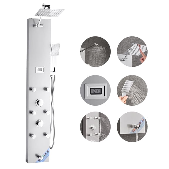 VEVOR Shower Panel Tower System with Rainfall Shower Head, LED, 49 in Brushed Stainless Steel Shower Column, 4-Function Faucet,Wall-Mount Rain Massage System with 6 Body Jets,Handheld,and Tub Spout