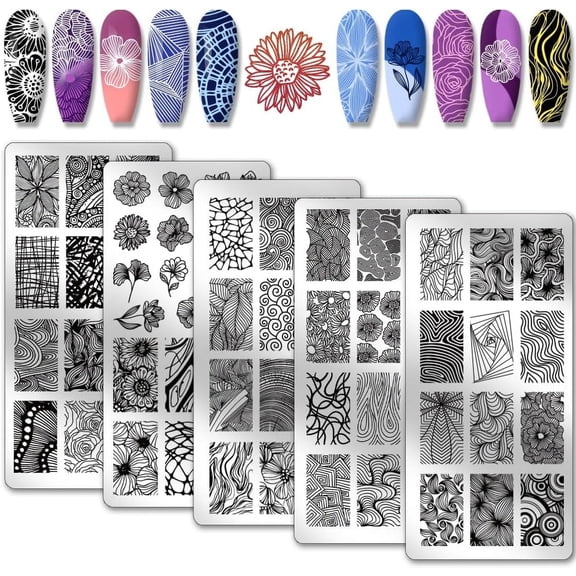 1 Set 5pcs Line Texture Nail Art Templates 68 Patterns Flower Nail Stamping Plate Mix Design Nail Art Stencils Stainless Steel Nail Image Plates for Nail Design Print Manicure Salon Spring