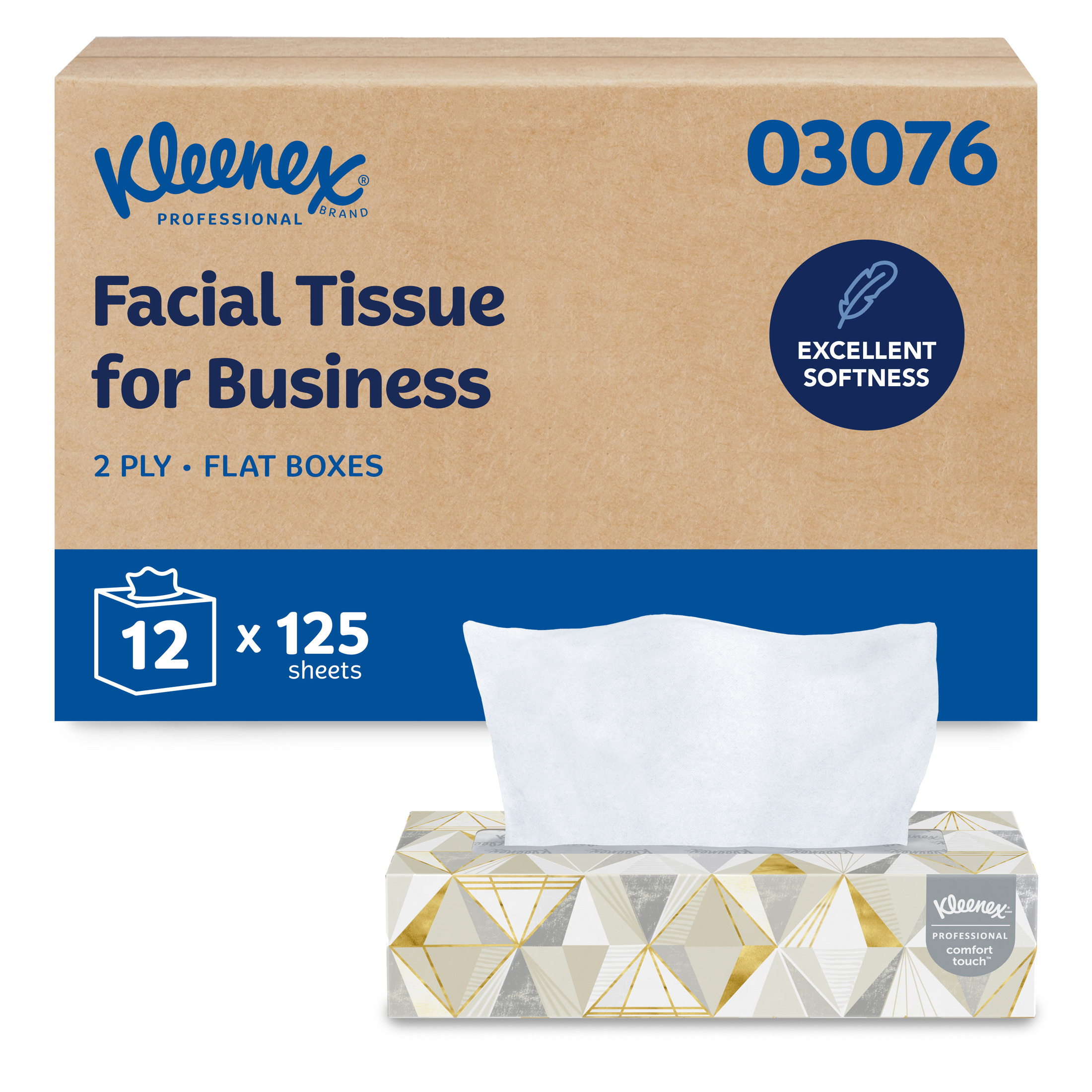 Kleenex® Professional Facial Tissue, Bulk (03076), 2-Ply, White, Flat Boxes Designed for Business, Convenience Case (12 Boxes, 125 Tissues Each)