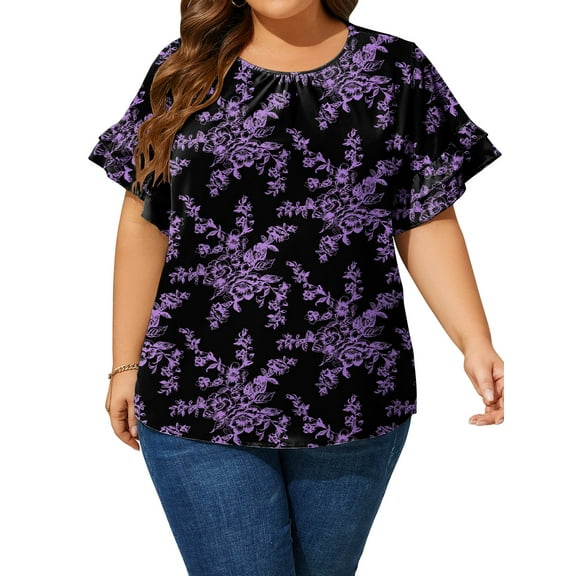 LANREMON Plus Size Tops for Women Summer Short Sleeve Tunic Tops Casual Crew Neck Loose Fit Oversized T Shirts Blouse 4XL