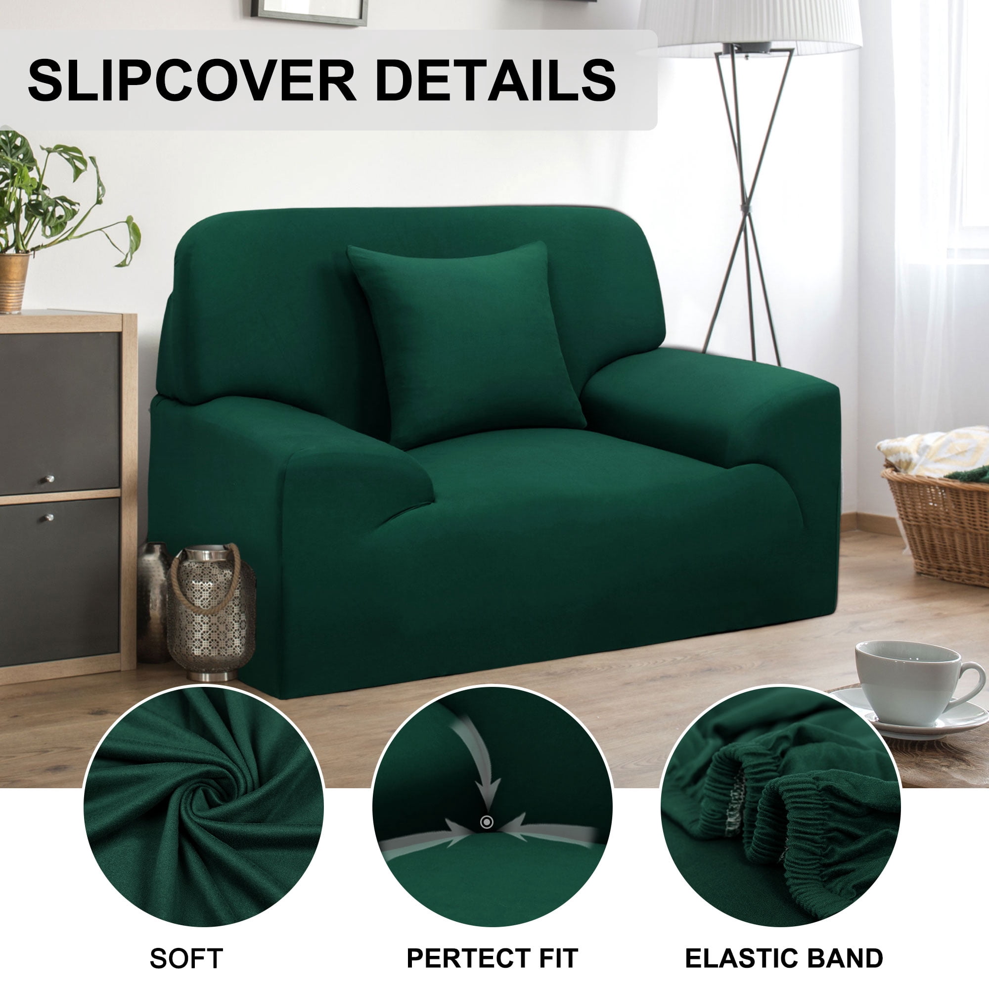 PiccoCasa Thick Stretch Sofa Cover 1 Seater Solid Couch Cover, Dark Green