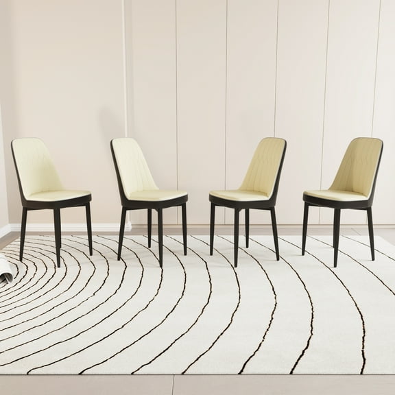 Set of 4 Modern Style Dining Chairs, High-Quality PU Leather with Thick Soft Cushions & Black Metal Legs for Kitchen & Dining Room, Beige