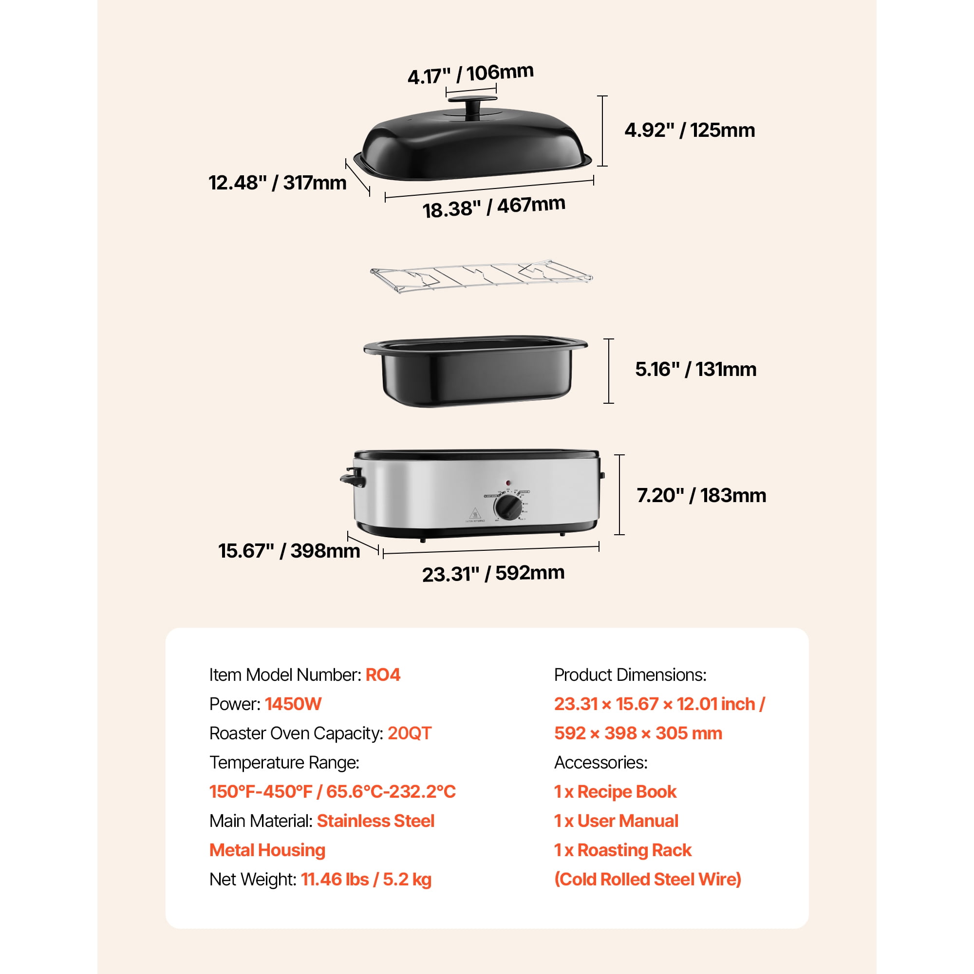 KFFKFF 20QT Electric Roaster Oven, Adjustable Temperature 150-450℉, Quick-Cooking Turkey Roaster with Self-Basting Lid, Defrost and Warm Functions, Ideal for Home Use, Accommodates 24lb Turkey