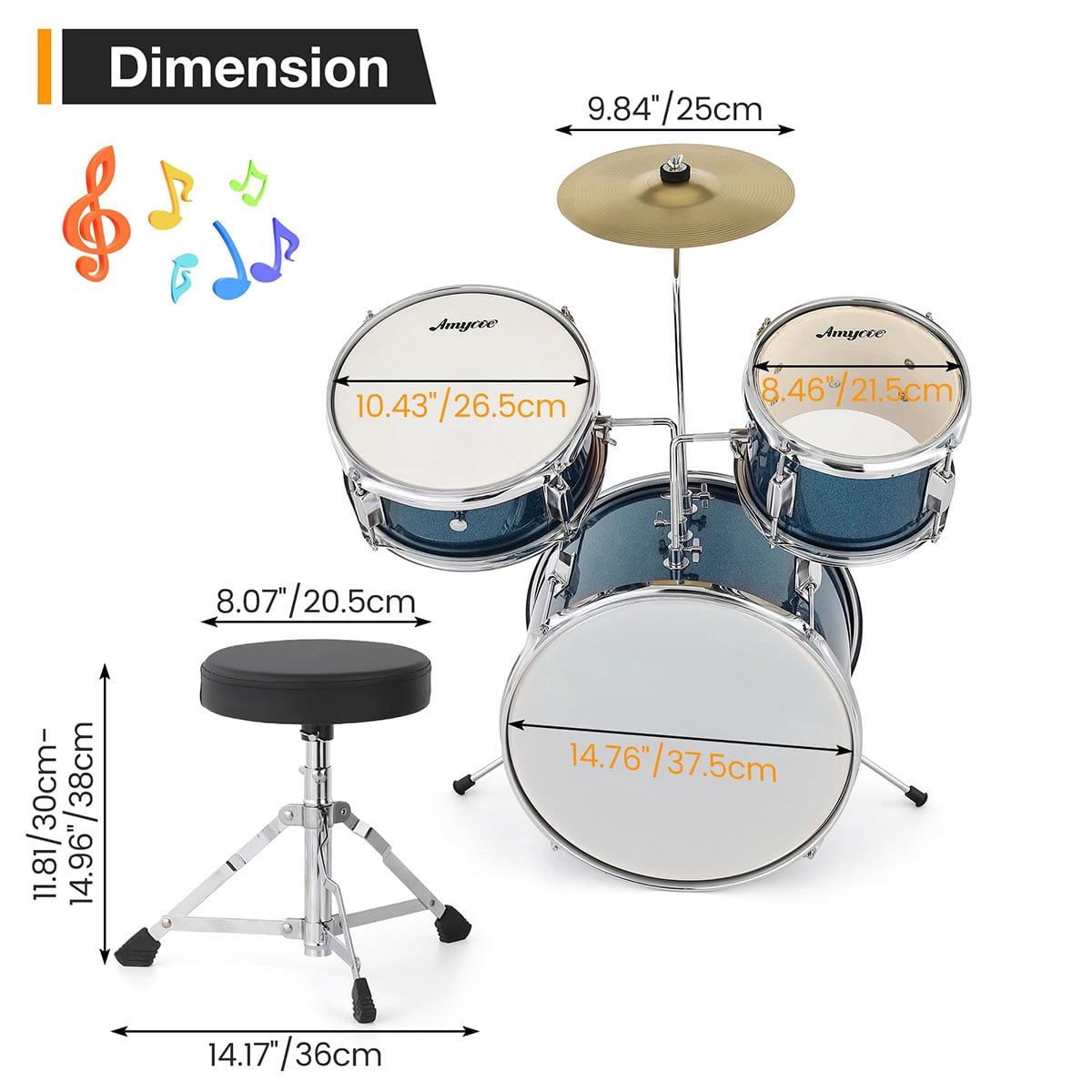 Danolapsi 3 Piece Kids Drum Set with Cymbal, 2 Drumsticks, Pedal, 2 Tom,Beginner Junior Drum Kit with Throne Stool, Musical Instruments for Boys and Girls