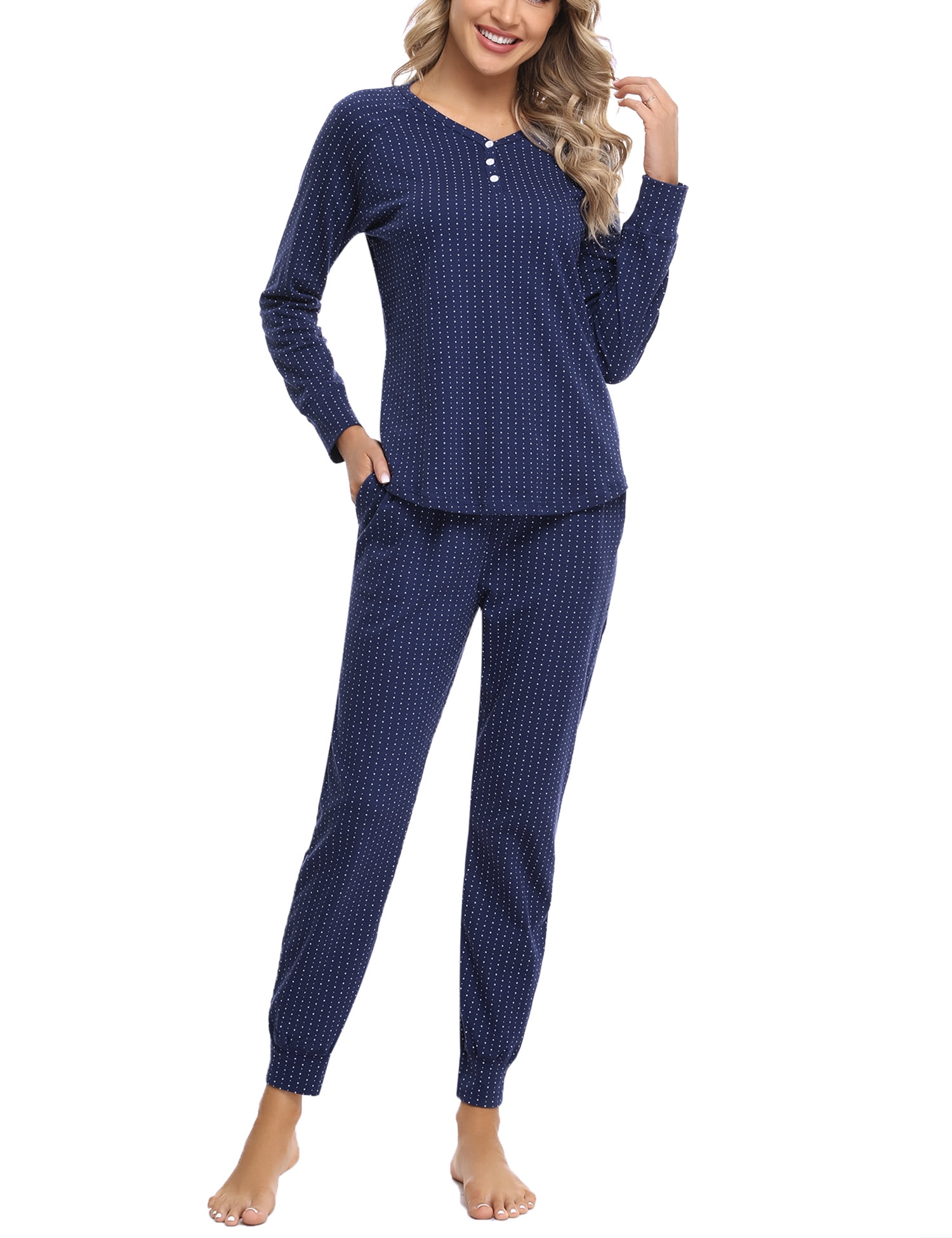 Ladies Pyjama Set Polka Dot Crew Neck Long Sleeve Buttons 100% Cotton Loungewear