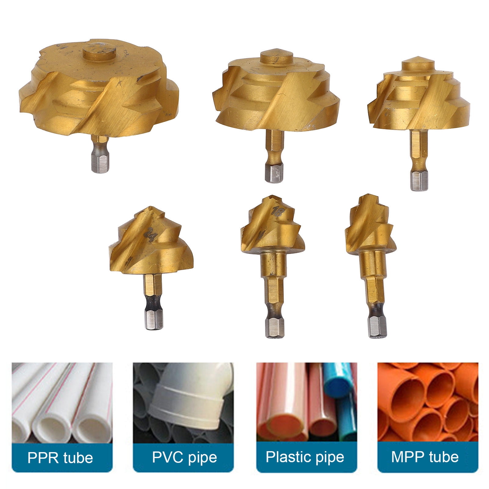 Yajisi 6‑Piece PPR Lifting Stepped Drill Bit Set 20‑63 mm, 1/4" Hex Shank, Ti‑Plated High‑Carbon, 90° Accurate Countersink – Ideal for Water Pipe Repair