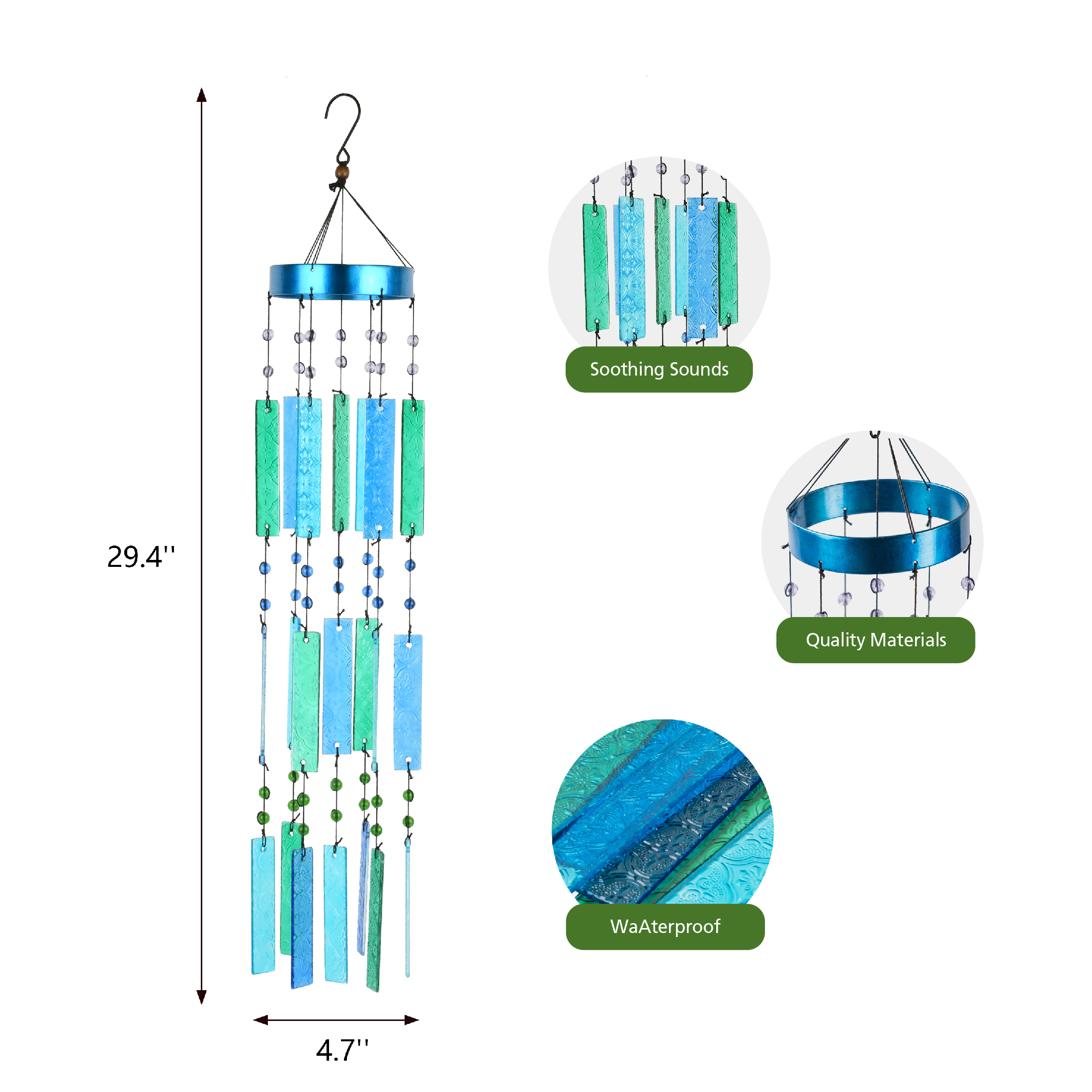 Mainstays Blue Sea Glass Weather-Resistant Metal Outdoor Wind Chime
